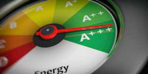 Energy efficiency meter indicating top-tier performance, symbolizing emissions efficiency in sustainable business processes