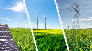 Renewable energy array showcasing solar, wind, and electrical grid systems
